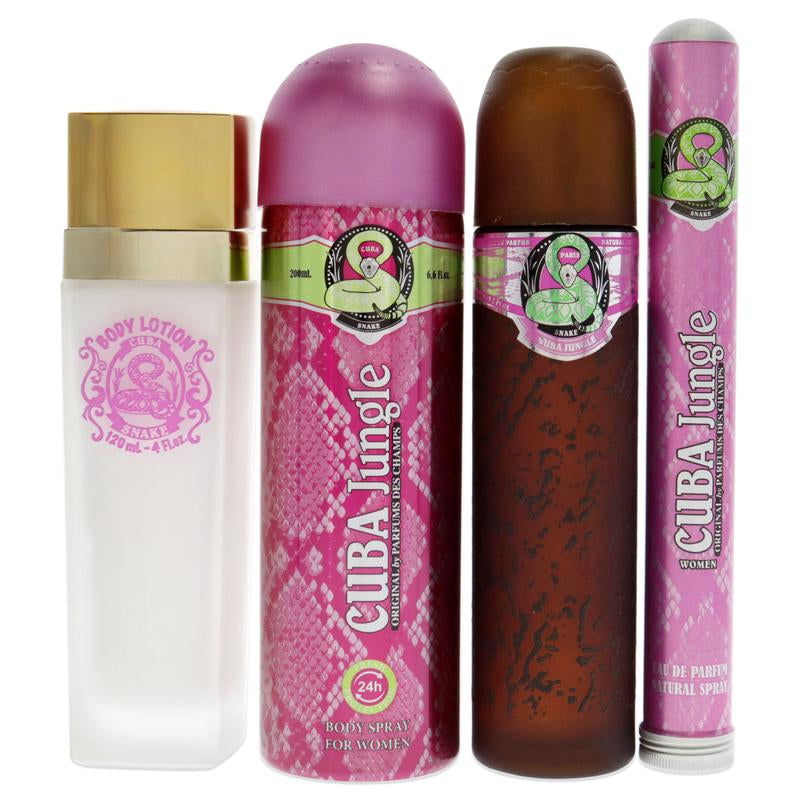 Cuba Cuba Jungle Snake for Women 4 Pc Gift Set 3.3Oz EDP Spray, 1.7Oz EDP Spray, 6.6Oz Body Spray, 4Oz Body Lotion Lovers Fragrance Bundle