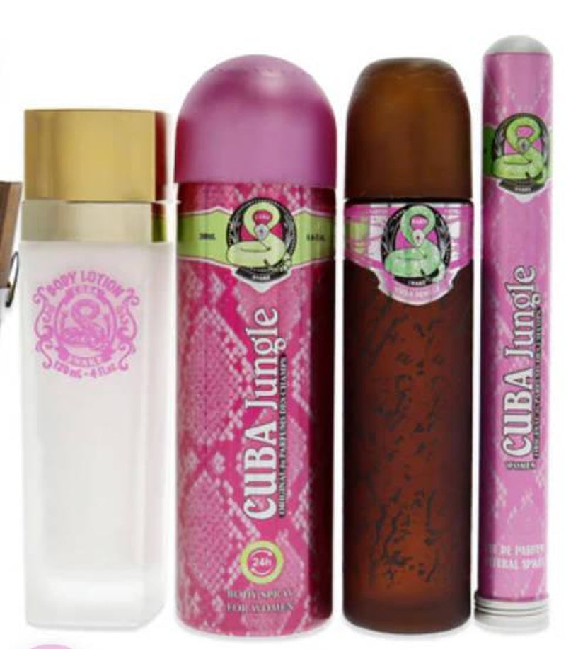 Cuba Cuba Jungle Snake for Women 4 Pc Gift Set 3.3Oz EDP Spray, 1.7Oz EDP Spray, 6.6Oz Body Spray, 4Oz Body Lotion Lovers Fragrance Bundle