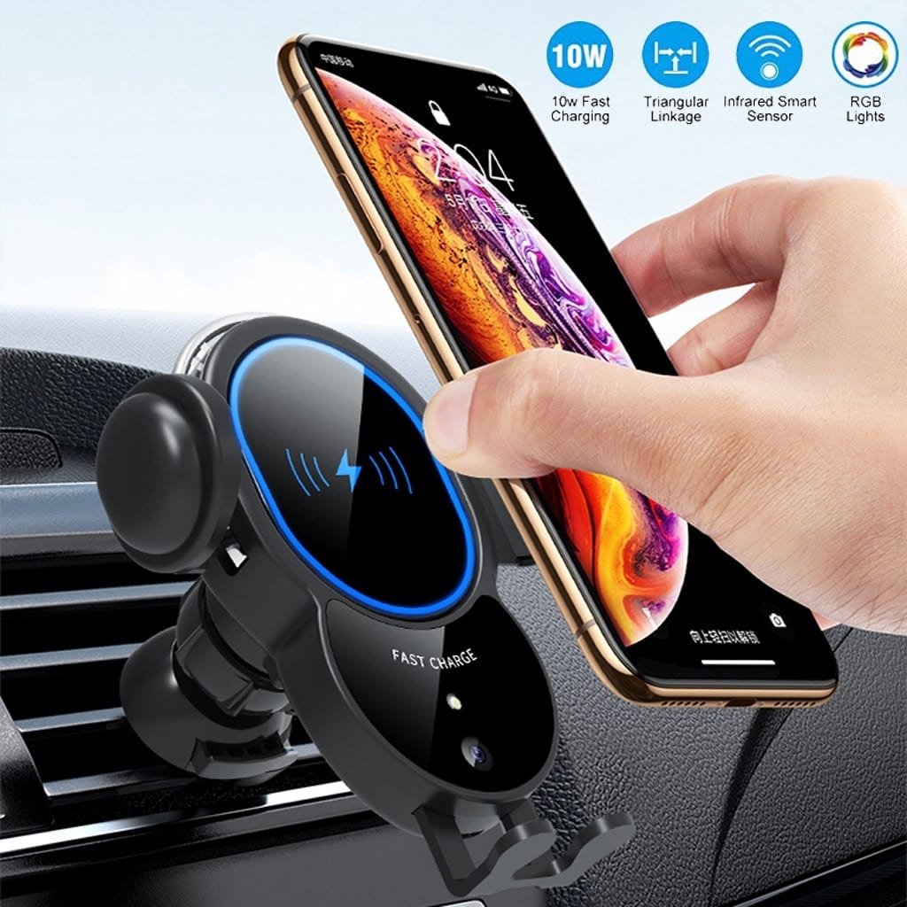 Caricabatterie rapido per auto con montaggio triangolare wireless da 10 W e bloccaggio automatico